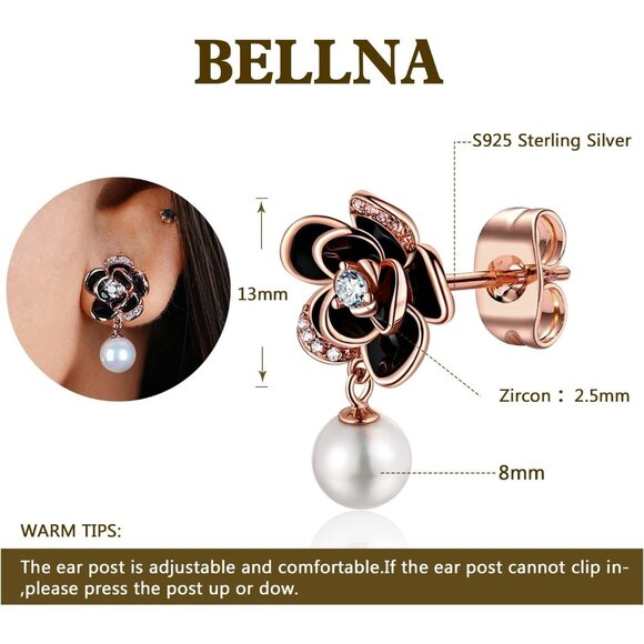 Women's Dainty Black Dangle Flower Pearl Cute Unique Beautiful Flower Earring - Picture 5 of 7